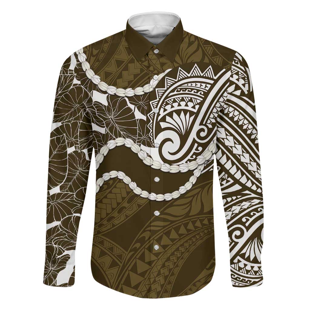 Aloha Hawaii Kalo Pikake Lei Family Matching Off Shoulder Short Dress and Hawaiian Shirt Chest Tattoo Gold Hawaiian Pattern LT14 Dad's Shirt - Long Sleeve Gold - Polynesian Pride