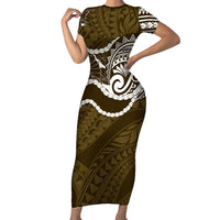 Aloha Hawaii Kalo Pikake Lei Family Matching Short Sleeve Bodycon Dress and Hawaiian Shirt Chest Tattoo Gold Hawaiian Pattern LT14 Mom's Dress Gold - Polynesian Pride