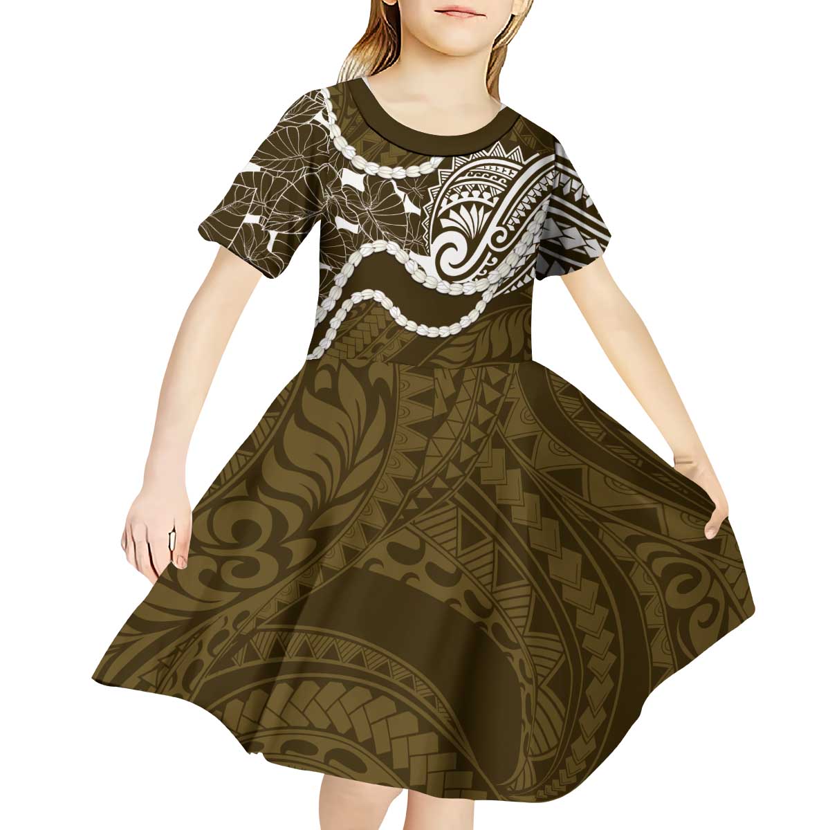 Aloha Hawaii Kalo Pikake Lei Kid Short Sleeve Dress Chest Tattoo Gold Hawaiian Pattern LT14 - Polynesian Pride