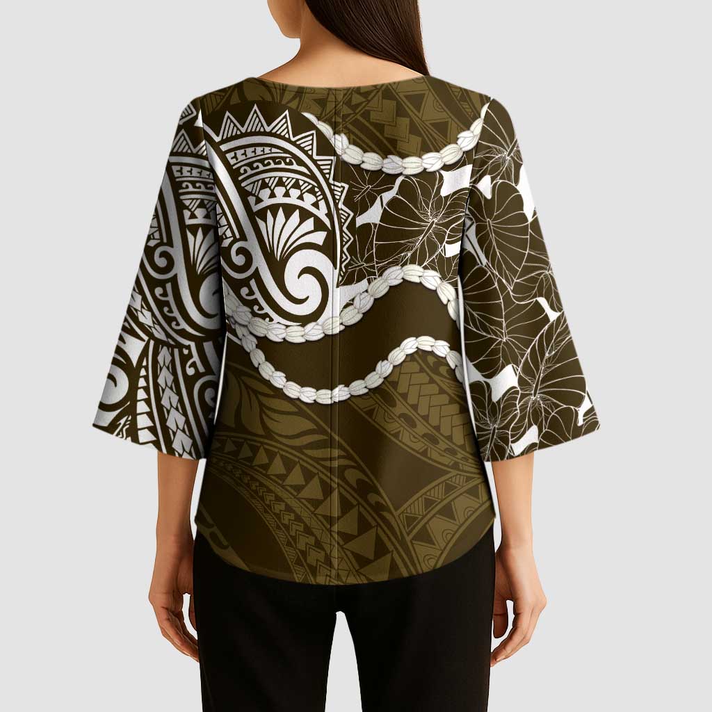 Aloha Hawaii Kalo Pikake Lei Kimono Sleeve Blouse Chest Tattoo Gold Hawaiian Pattern