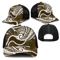 Aloha Hawaii Kalo Pikake Lei Mesh Trucker Cap Chest Tattoo Gold Hawaiian Pattern