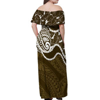 Aloha Hawaii Kalo Pikake Lei Off Shoulder Maxi Dress Chest Tattoo Gold Hawaiian Pattern