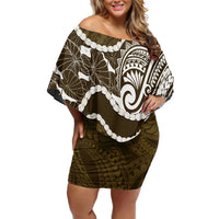Aloha Hawaii Kalo Pikake Lei Off Shoulder Short Dress Chest Tattoo Gold Hawaiian Pattern