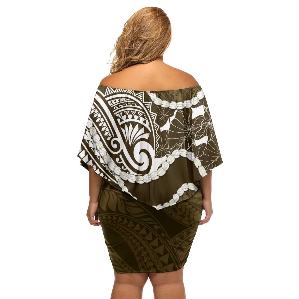 Aloha Hawaii Kalo Pikake Lei Off Shoulder Short Dress Chest Tattoo Gold Hawaiian Pattern
