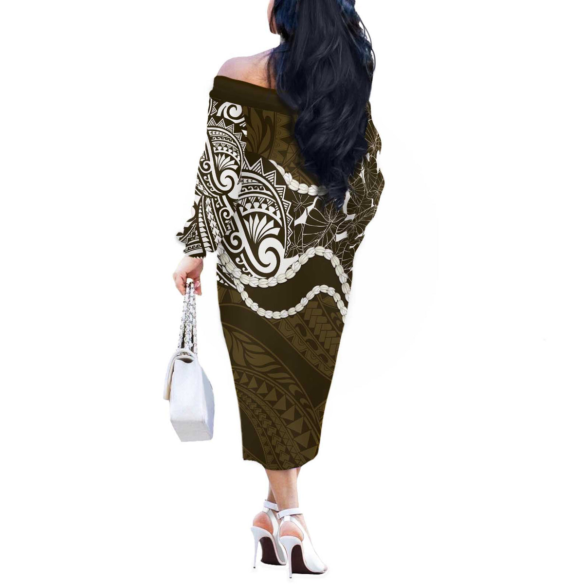Aloha Hawaii Kalo Pikake Lei Off The Shoulder Long Sleeve Dress Chest Tattoo Gold Hawaiian Pattern LT14 - Polynesian Pride
