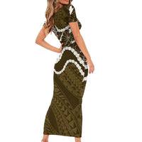 Aloha Hawaii Kalo Pikake Lei Short Sleeve Bodycon Dress Chest Tattoo Gold Hawaiian Pattern LT14 - Polynesian Pride
