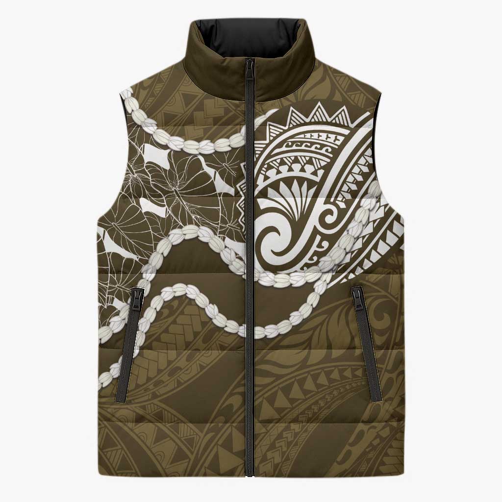 Aloha Hawaii Kalo Pikake Lei Sleeveless Puffer Jacket Chest Tattoo Gold Hawaiian Pattern