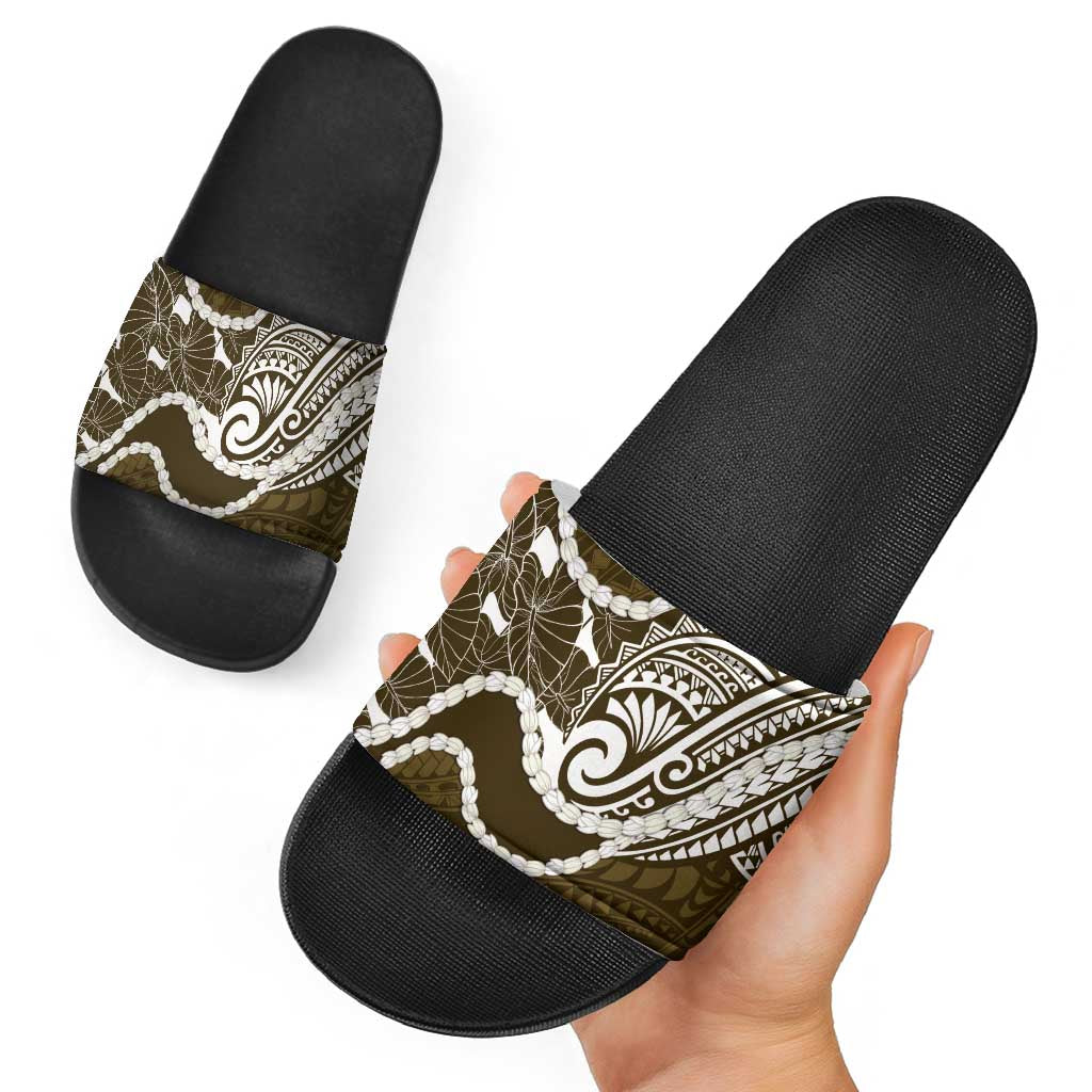 Aloha Hawaii Kalo Pikake Lei Slide Sandals Chest Tattoo Gold Hawaiian Pattern