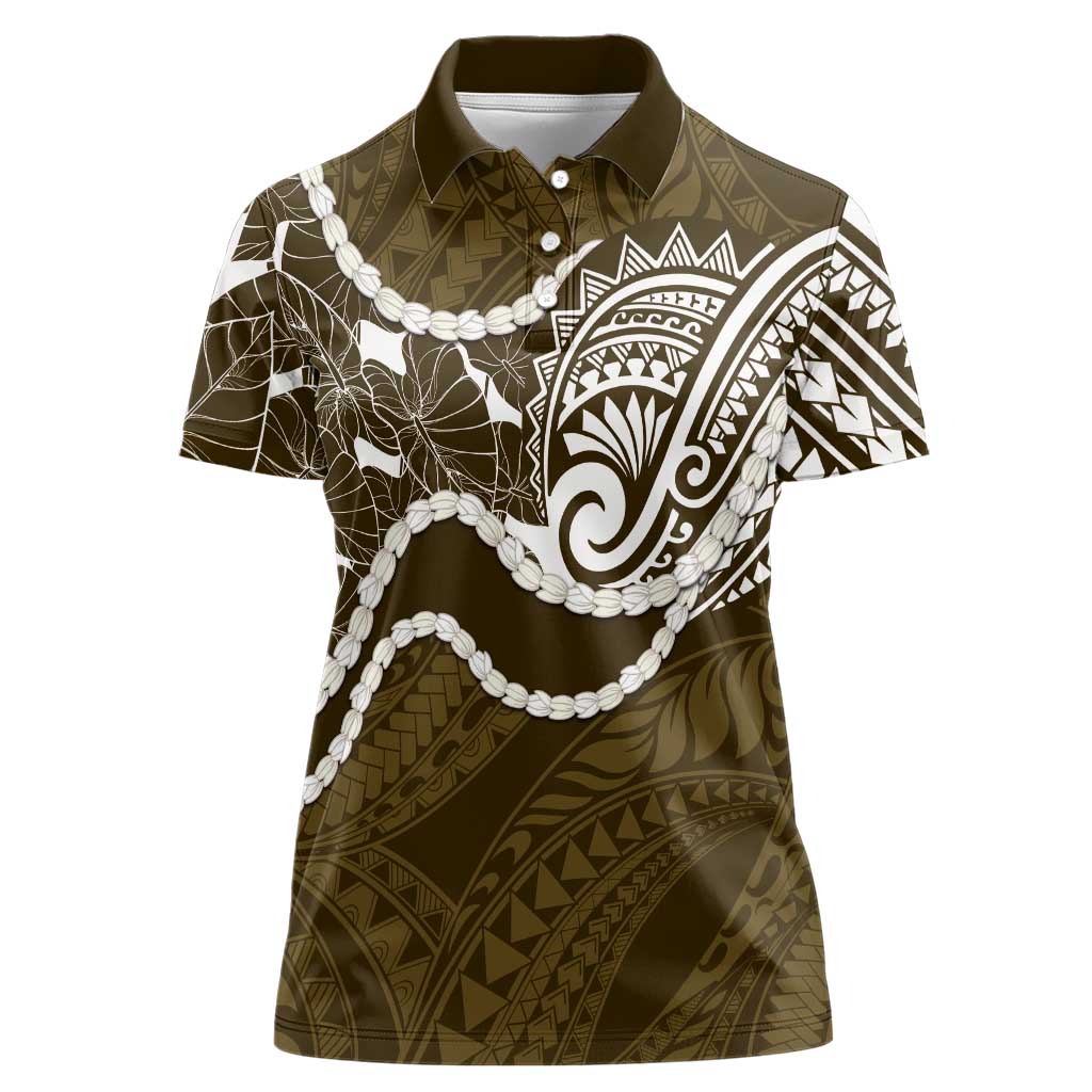 Aloha Hawaii Kalo Pikake Lei Women Polo Shirt Chest Tattoo Gold Hawaiian Pattern LT14 Female Gold - Polynesian Pride