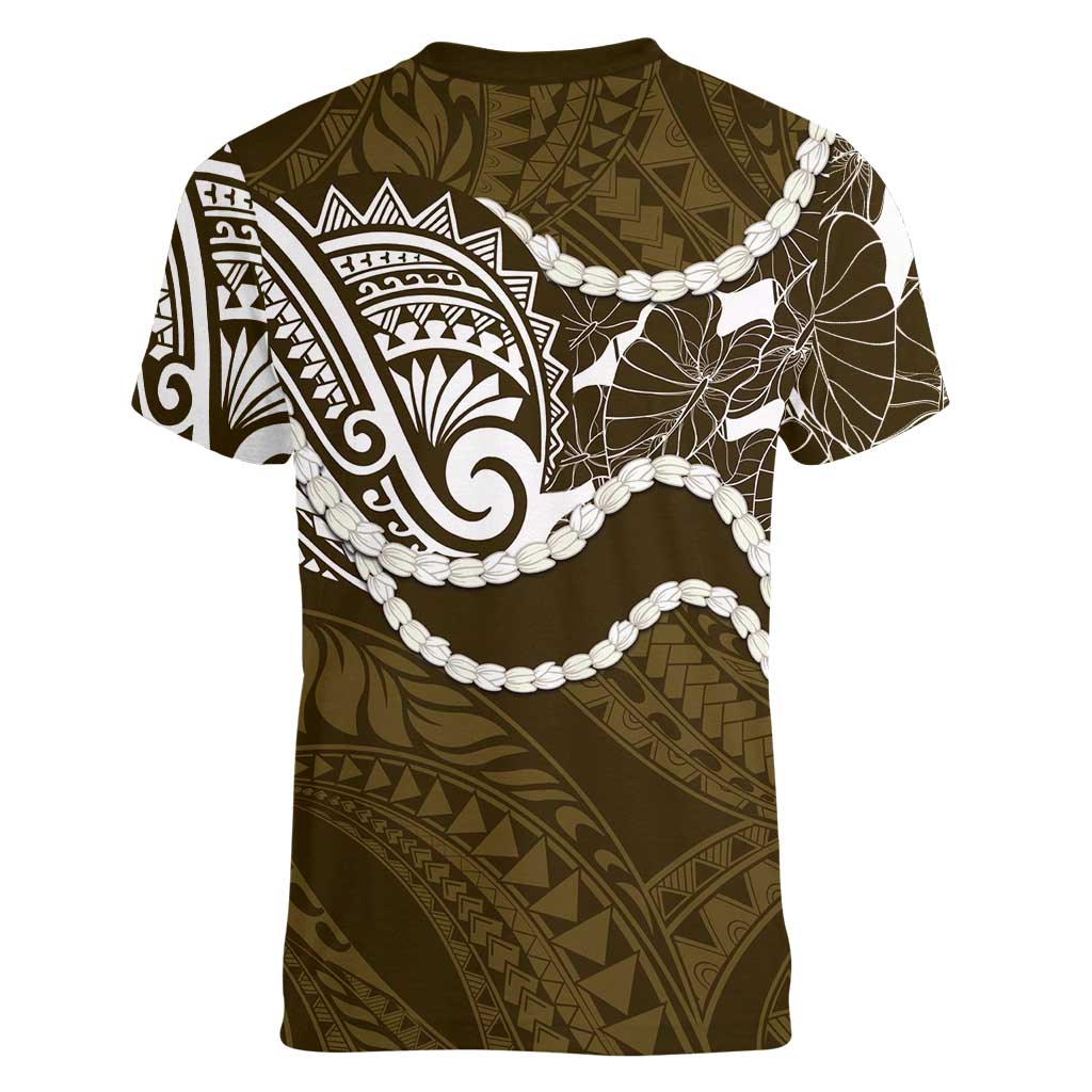 Aloha Hawaii Kalo Pikake Lei Women V-Neck T-Shirt Chest Tattoo Gold Hawaiian Pattern LT14 - Polynesian Pride