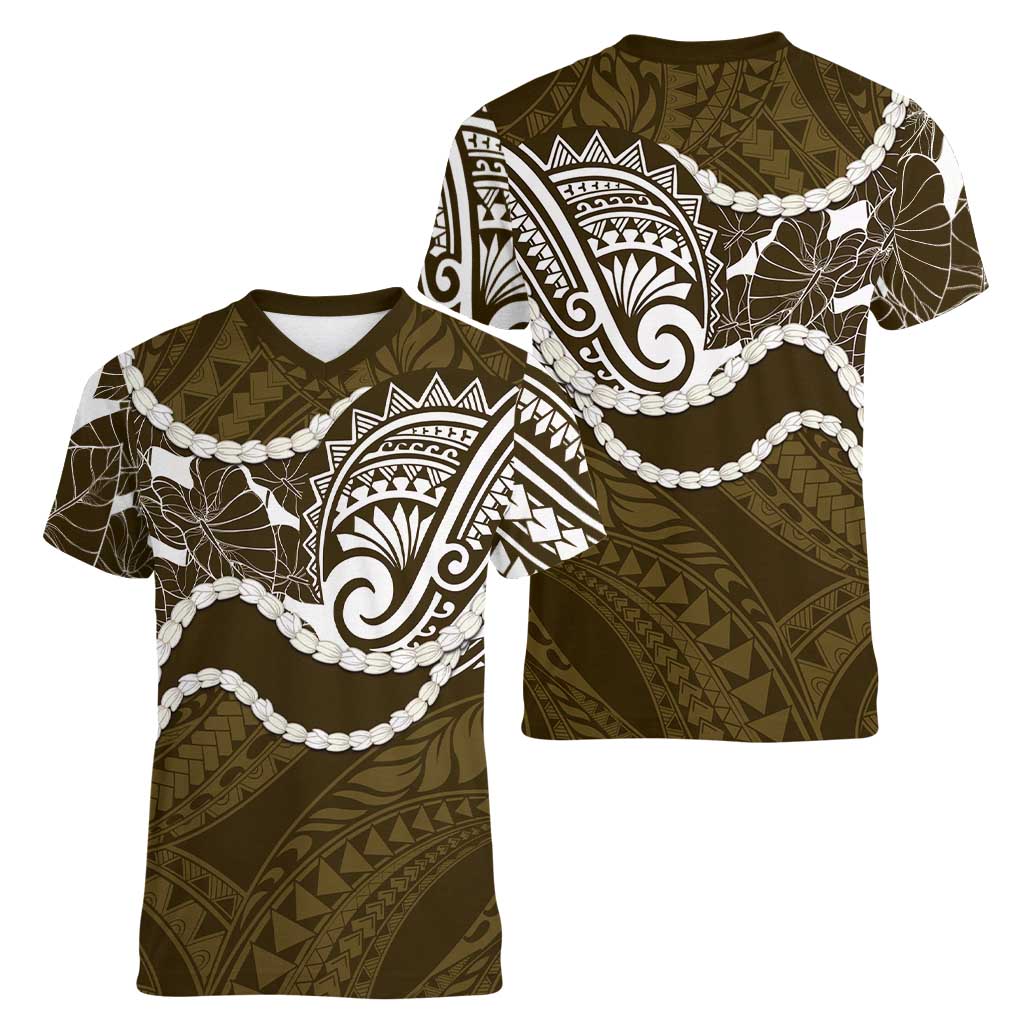 Aloha Hawaii Kalo Pikake Lei Women V-Neck T-Shirt Chest Tattoo Gold Hawaiian Pattern LT14 - Polynesian Pride