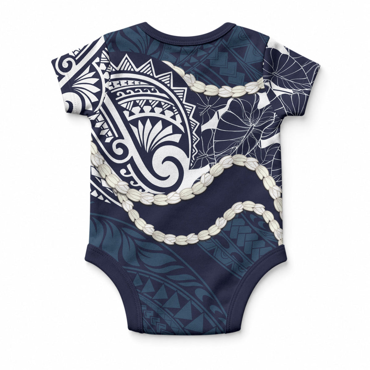 Aloha Hawaii Kalo Pikake Lei Baby Onesie Chest Tattoo Oxford Blue Hawaiian Pattern