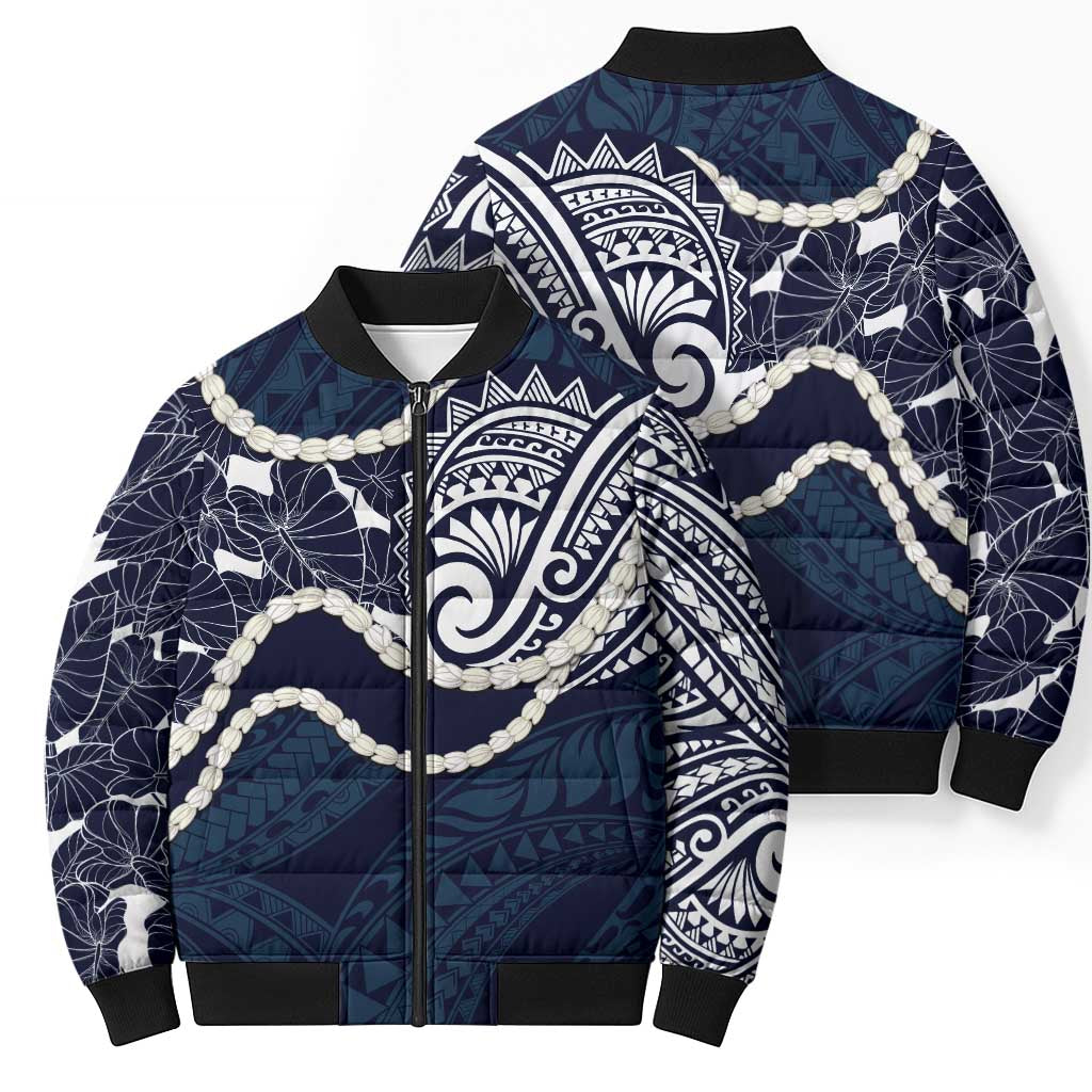 Aloha Hawaii Kalo Pikake Lei Bomber Puffer Jacket Chest Tattoo Oxford Blue Hawaiian Pattern