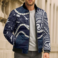 Aloha Hawaii Kalo Pikake Lei Bomber Puffer Jacket Chest Tattoo Oxford Blue Hawaiian Pattern