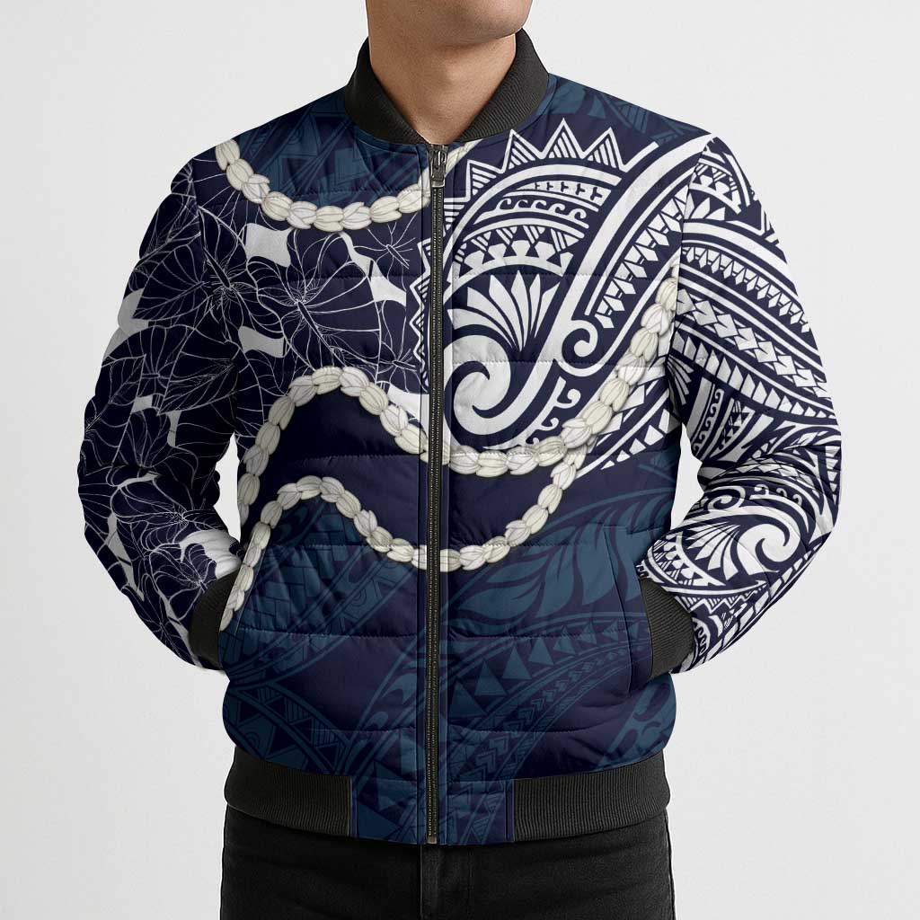 Aloha Hawaii Kalo Pikake Lei Bomber Puffer Jacket Chest Tattoo Oxford Blue Hawaiian Pattern