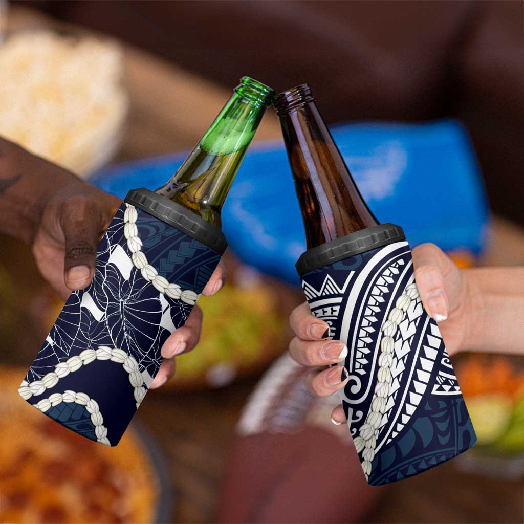 Aloha Hawaii Kalo Pikake Lei 4 in 1 Can Cooler Tumbler Chest Tattoo Oxford Blue Hawaiian Pattern LT14 - Polynesian Pride