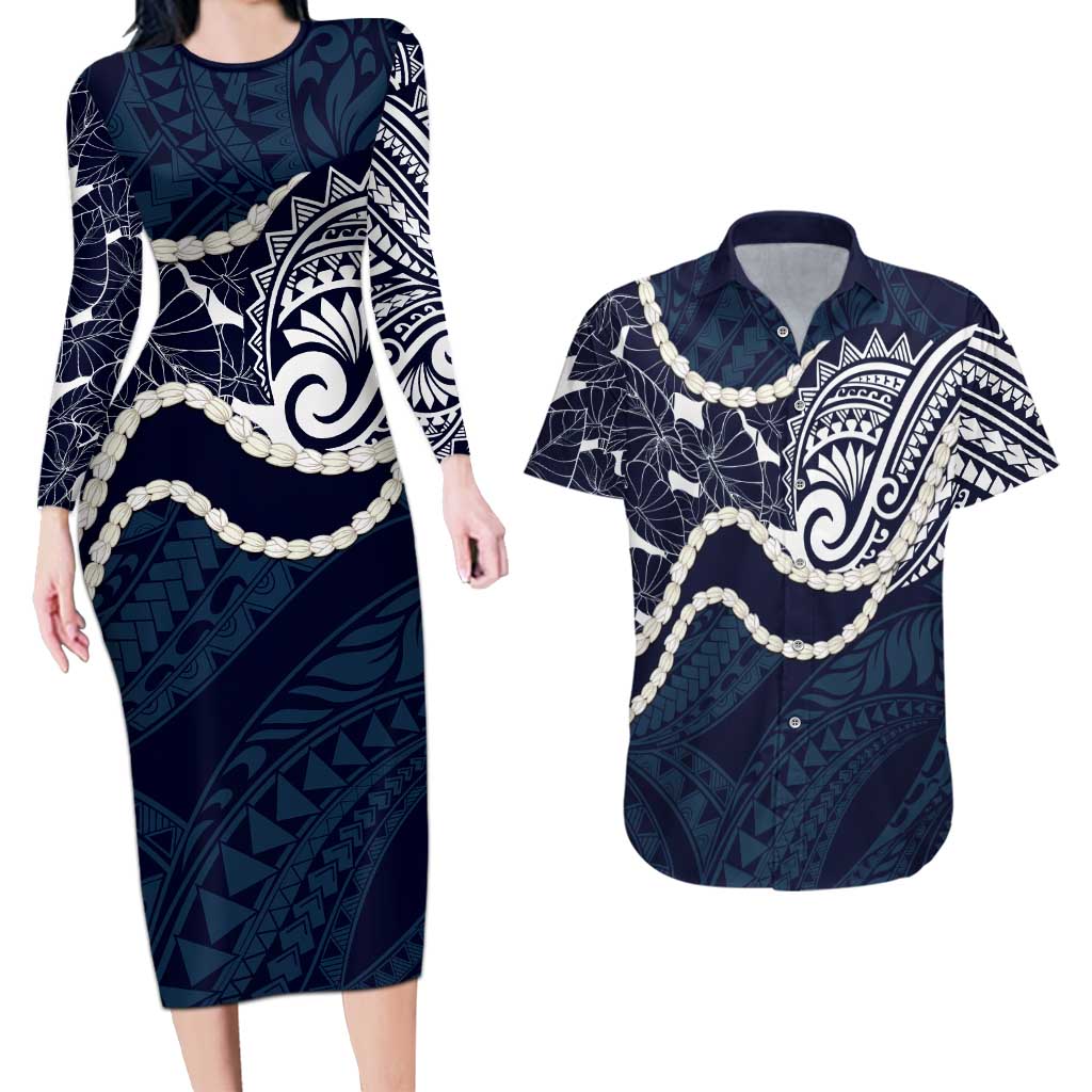 Aloha Hawaii Kalo Pikake Lei Couples Matching Long Sleeve Bodycon Dress and Hawaiian Shirt Chest Tattoo Oxford Blue Hawaiian Pattern