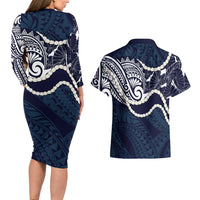 Aloha Hawaii Kalo Pikake Lei Couples Matching Long Sleeve Bodycon Dress and Hawaiian Shirt Chest Tattoo Oxford Blue Hawaiian Pattern LT14 - Polynesian Pride