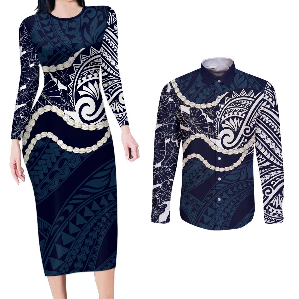 Aloha Hawaii Kalo Pikake Lei Couples Matching Long Sleeve Bodycon Dress and Long Sleeve Button Shirt Chest Tattoo Oxford Blue Hawaiian Pattern LT14 Oxford Blue - Polynesian Pride