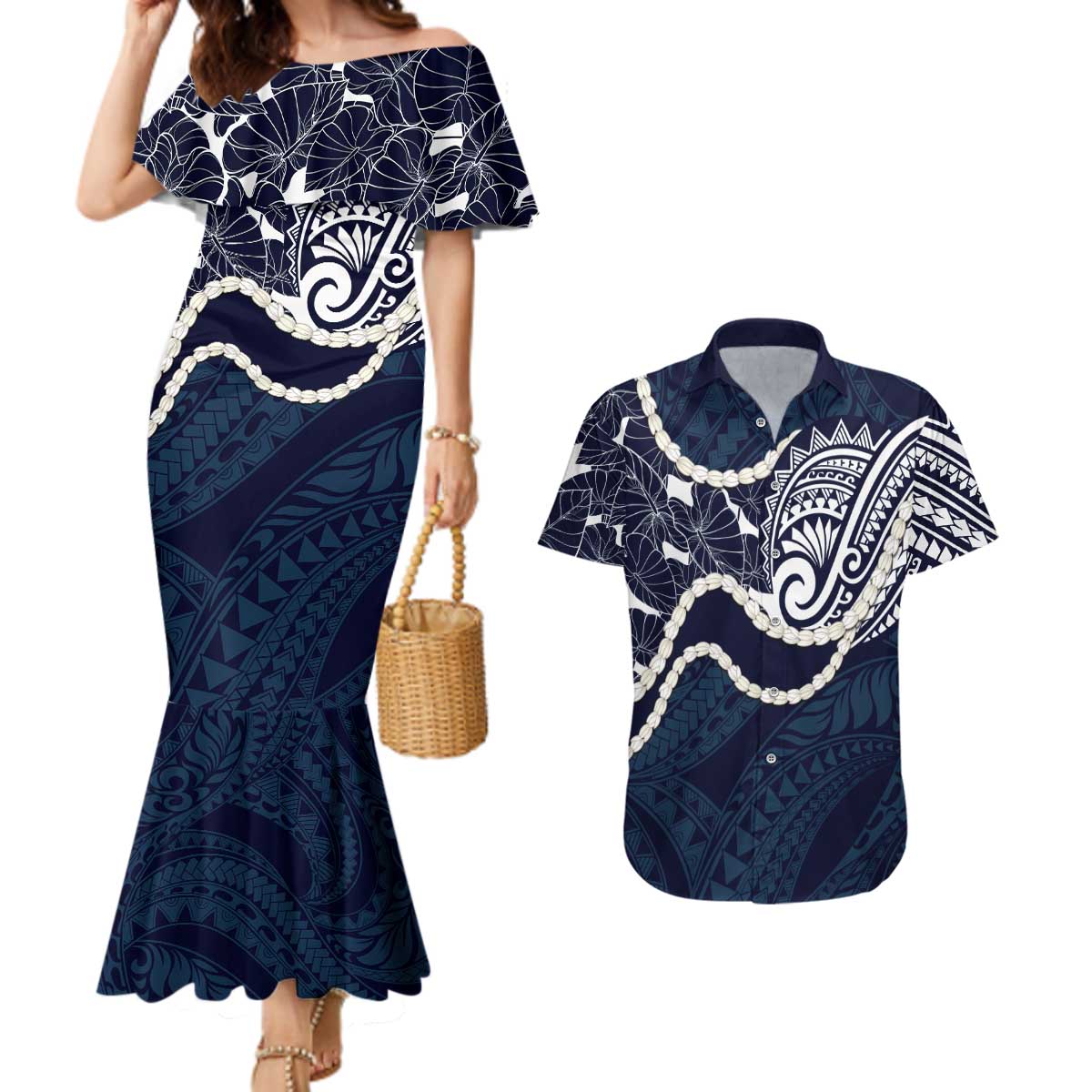 Aloha Hawaii Kalo Pikake Lei Couples Matching Mermaid Dress and Hawaiian Shirt Chest Tattoo Oxford Blue Hawaiian Pattern LT14 Oxford Blue - Polynesian Pride