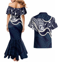 Aloha Hawaii Kalo Pikake Lei Couples Matching Mermaid Dress and Hawaiian Shirt Chest Tattoo Oxford Blue Hawaiian Pattern LT14 - Polynesian Pride