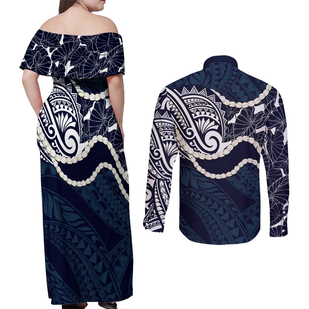 Aloha Hawaii Kalo Pikake Lei Couples Matching Off Shoulder Maxi Dress and Long Sleeve Button Shirt Chest Tattoo Oxford Blue Hawaiian Pattern LT14 - Polynesian Pride