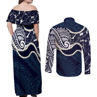 Aloha Hawaii Kalo Pikake Lei Couples Matching Off Shoulder Maxi Dress and Long Sleeve Button Shirt Chest Tattoo Oxford Blue Hawaiian Pattern LT14 - Polynesian Pride