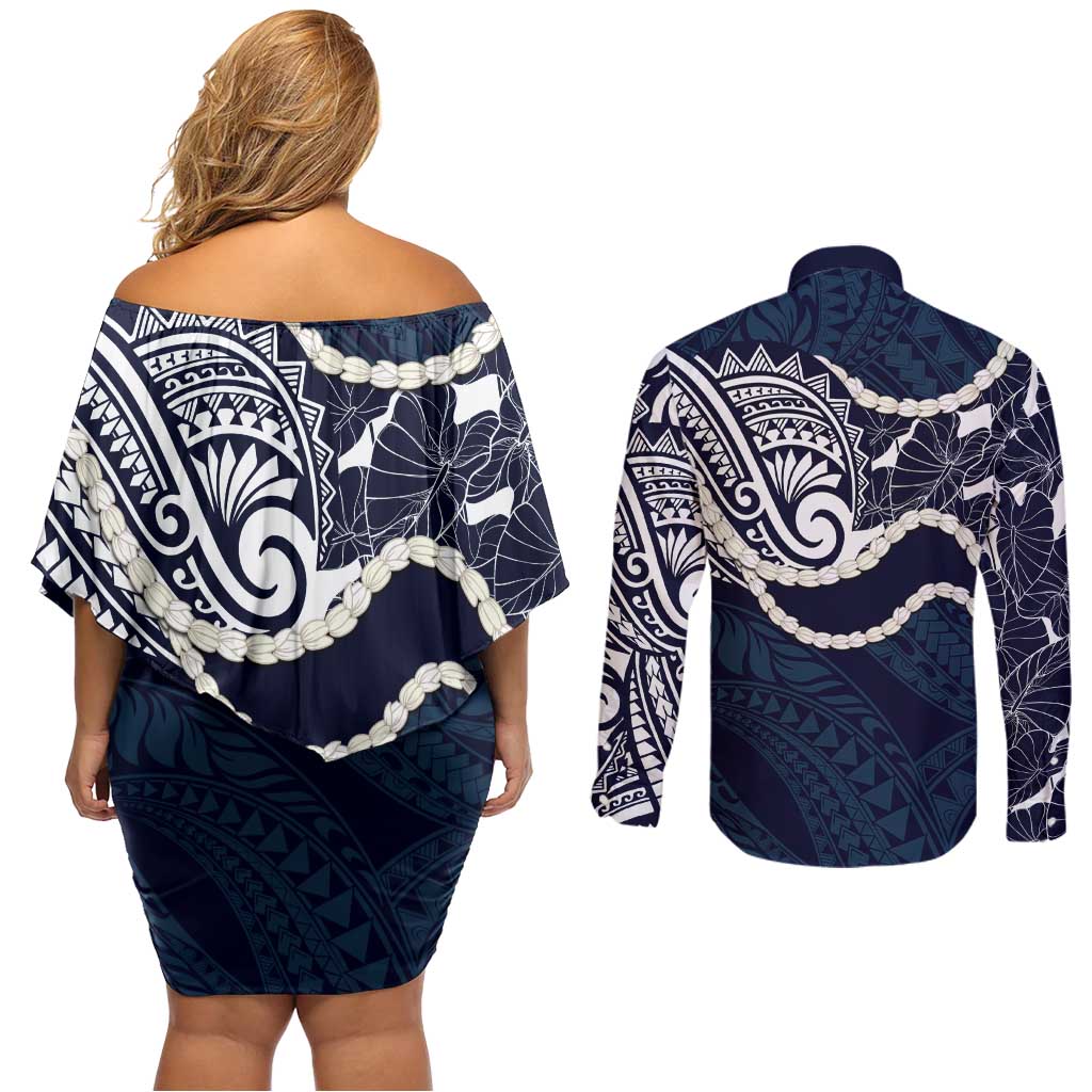 Aloha Hawaii Kalo Pikake Lei Couples Matching Off Shoulder Short Dress and Long Sleeve Button Shirt Chest Tattoo Oxford Blue Hawaiian Pattern LT14 - Polynesian Pride