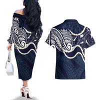 Aloha Hawaii Kalo Pikake Lei Couples Matching Off The Shoulder Long Sleeve Dress and Hawaiian Shirt Chest Tattoo Oxford Blue Hawaiian Pattern LT14 - Polynesian Pride