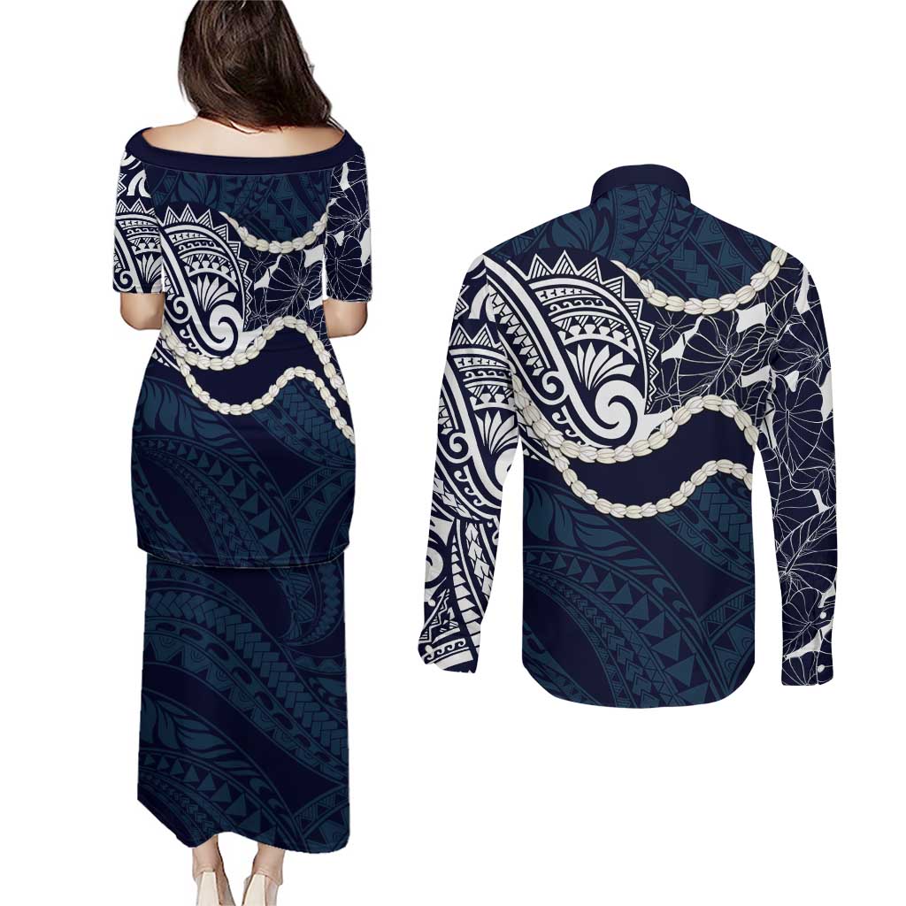 Aloha Hawaii Kalo Pikake Lei Couples Matching Puletasi and Long Sleeve Button Shirt Chest Tattoo Oxford Blue Hawaiian Pattern LT14 - Polynesian Pride
