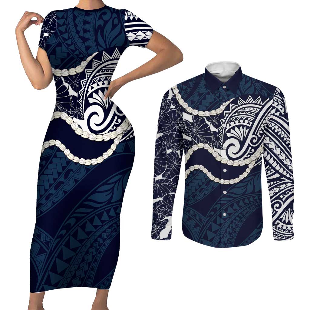 Aloha Hawaii Kalo Pikake Lei Couples Matching Short Sleeve Bodycon Dress and Long Sleeve Button Shirt Chest Tattoo Oxford Blue Hawaiian Pattern