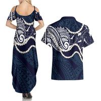 Aloha Hawaii Kalo Pikake Lei Couples Matching Summer Maxi Dress and Hawaiian Shirt Chest Tattoo Oxford Blue Hawaiian Pattern LT14 - Polynesian Pride