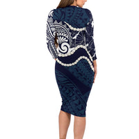 Aloha Hawaii Kalo Pikake Lei Family Matching Long Sleeve Bodycon Dress and Hawaiian Shirt Chest Tattoo Oxford Blue Hawaiian Pattern LT14 - Polynesian Pride