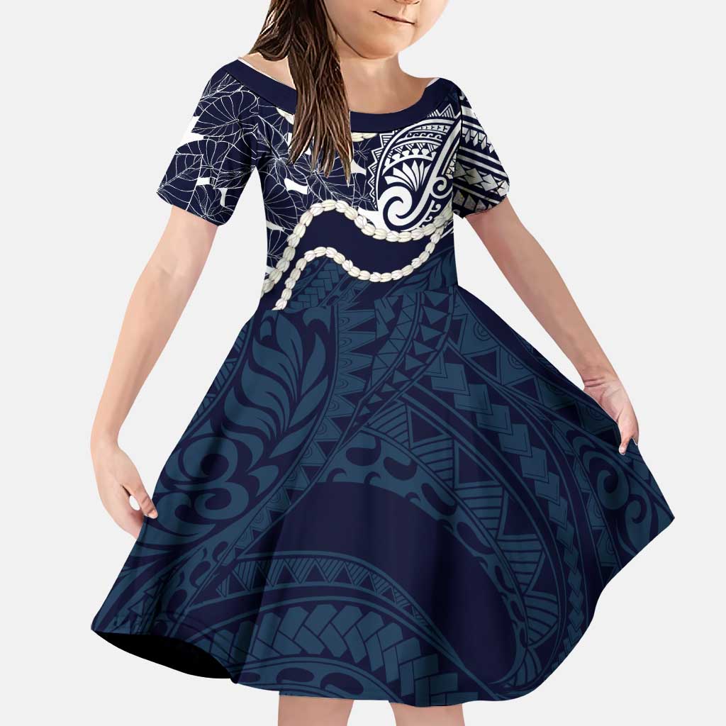 Aloha Hawaii Kalo Pikake Lei Family Matching Mermaid Dress and Hawaiian Shirt Chest Tattoo Oxford Blue Hawaiian Pattern LT14 Daughter's Dress Oxford Blue - Polynesian Pride