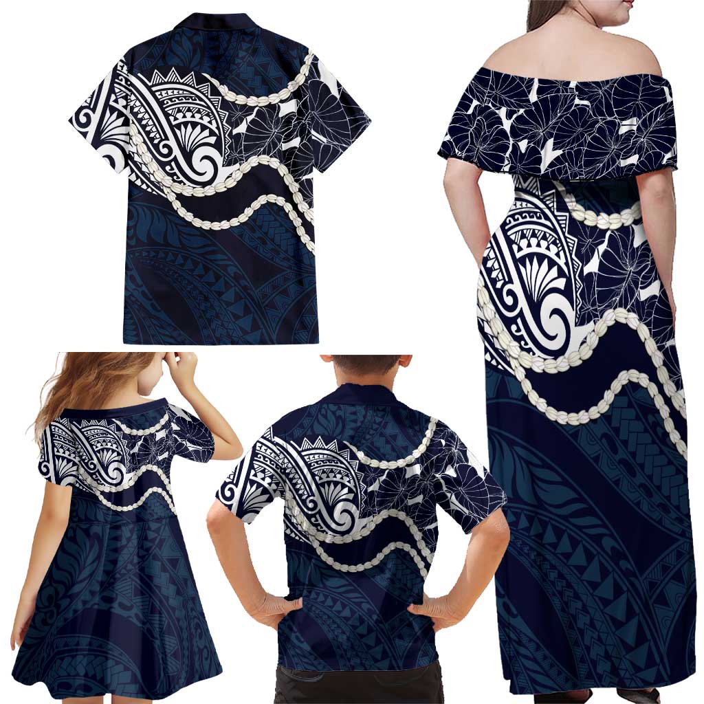 Aloha Hawaii Kalo Pikake Lei Family Matching Off Shoulder Maxi Dress and Hawaiian Shirt Chest Tattoo Oxford Blue Hawaiian Pattern LT14 - Polynesian Pride