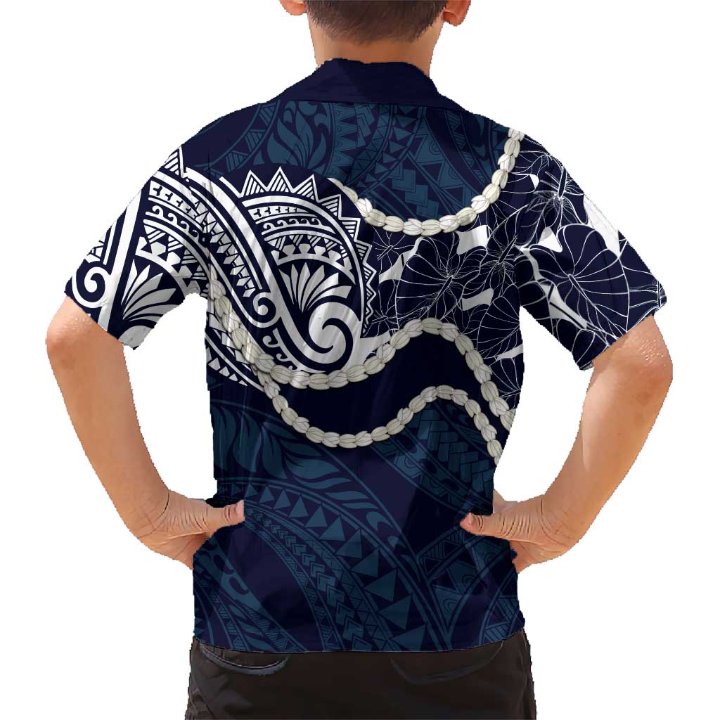 Aloha Hawaii Kalo Pikake Lei Family Matching Off Shoulder Short Dress and Hawaiian Shirt Chest Tattoo Oxford Blue Hawaiian Pattern LT14 - Polynesian Pride