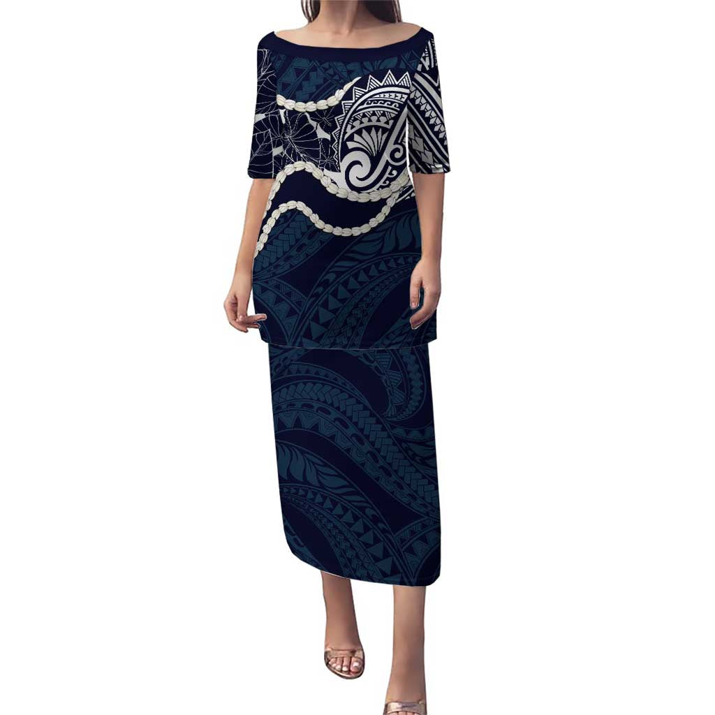 Aloha Hawaii Kalo Pikake Lei Family Matching Puletasi and Hawaiian Shirt Chest Tattoo Oxford Blue Hawaiian Pattern LT14 Mom's Dress Oxford Blue - Polynesian Pride