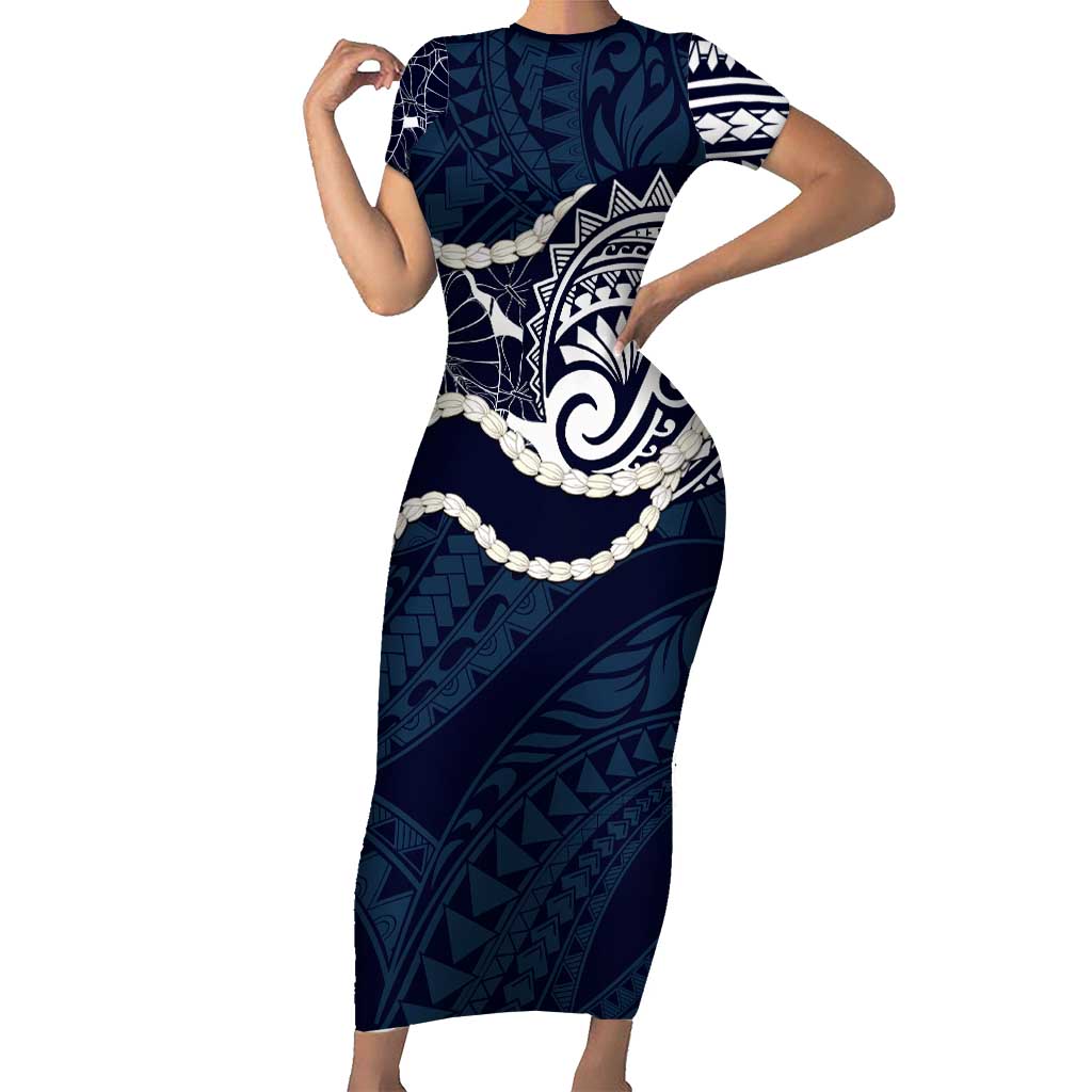Aloha Hawaii Kalo Pikake Lei Family Matching Short Sleeve Bodycon Dress and Hawaiian Shirt Chest Tattoo Oxford Blue Hawaiian Pattern LT14 Mom's Dress Oxford Blue - Polynesian Pride