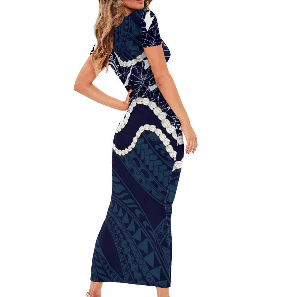 Aloha Hawaii Kalo Pikake Lei Family Matching Short Sleeve Bodycon Dress and Hawaiian Shirt Chest Tattoo Oxford Blue Hawaiian Pattern LT14 - Polynesian Pride