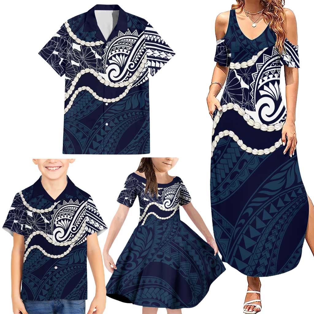Aloha Hawaii Kalo Pikake Lei Family Matching Summer Maxi Dress and Hawaiian Shirt Chest Tattoo Oxford Blue Hawaiian Pattern LT14 - Polynesian Pride