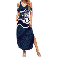 Aloha Hawaii Kalo Pikake Lei Family Matching Summer Maxi Dress and Hawaiian Shirt Chest Tattoo Oxford Blue Hawaiian Pattern LT14 Mom's Dress Oxford Blue - Polynesian Pride