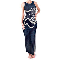 Aloha Hawaii Kalo Pikake Lei Family Matching Tank Maxi Dress and Hawaiian Shirt Chest Tattoo Oxford Blue Hawaiian Pattern LT14 Mom's Dress Oxford Blue - Polynesian Pride