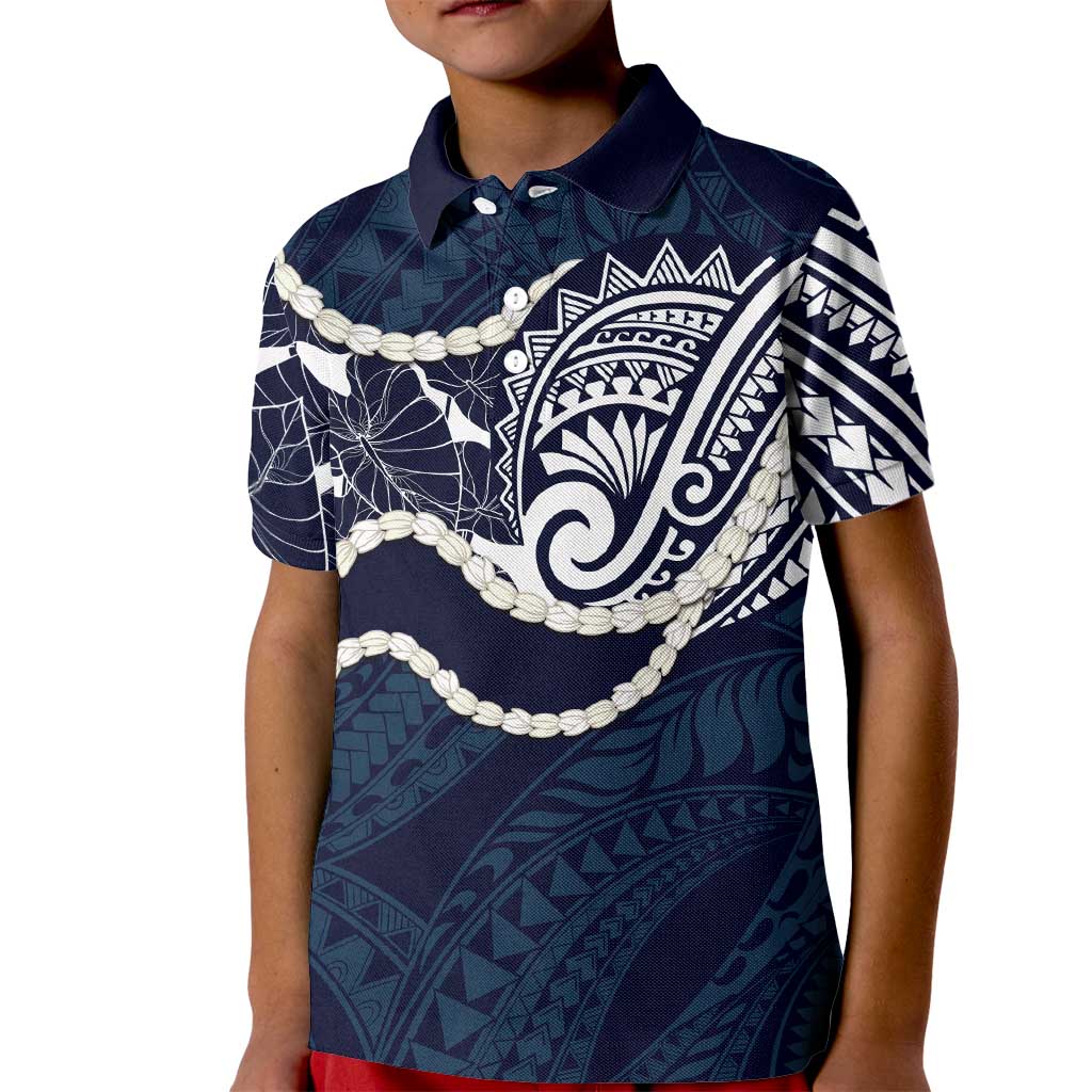 Aloha Hawaii Kalo Pikake Lei Kid Polo Shirt Chest Tattoo Oxford Blue Hawaiian Pattern LT14 Kid Oxford Blue - Polynesian Pride