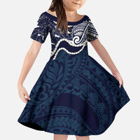 Aloha Hawaii Kalo Pikake Lei Kid Short Sleeve Dress Chest Tattoo Oxford Blue Hawaiian Pattern LT14 KID Oxford Blue - Polynesian Pride