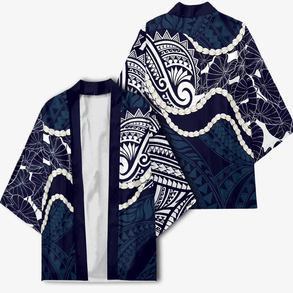 Aloha Hawaii Kalo Pikake Lei Kimono Chest Tattoo Oxford Blue Hawaiian Pattern LT14 - Polynesian Pride
