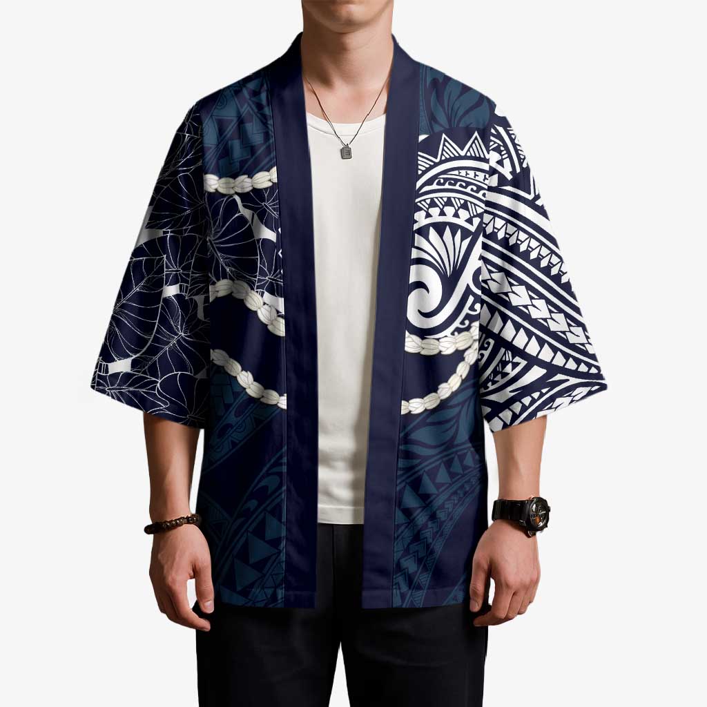 Aloha Hawaii Kalo Pikake Lei Kimono Chest Tattoo Oxford Blue Hawaiian Pattern LT14 - Polynesian Pride