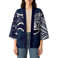 Aloha Hawaii Kalo Pikake Lei Kimono Chest Tattoo Oxford Blue Hawaiian Pattern LT14 - Polynesian Pride