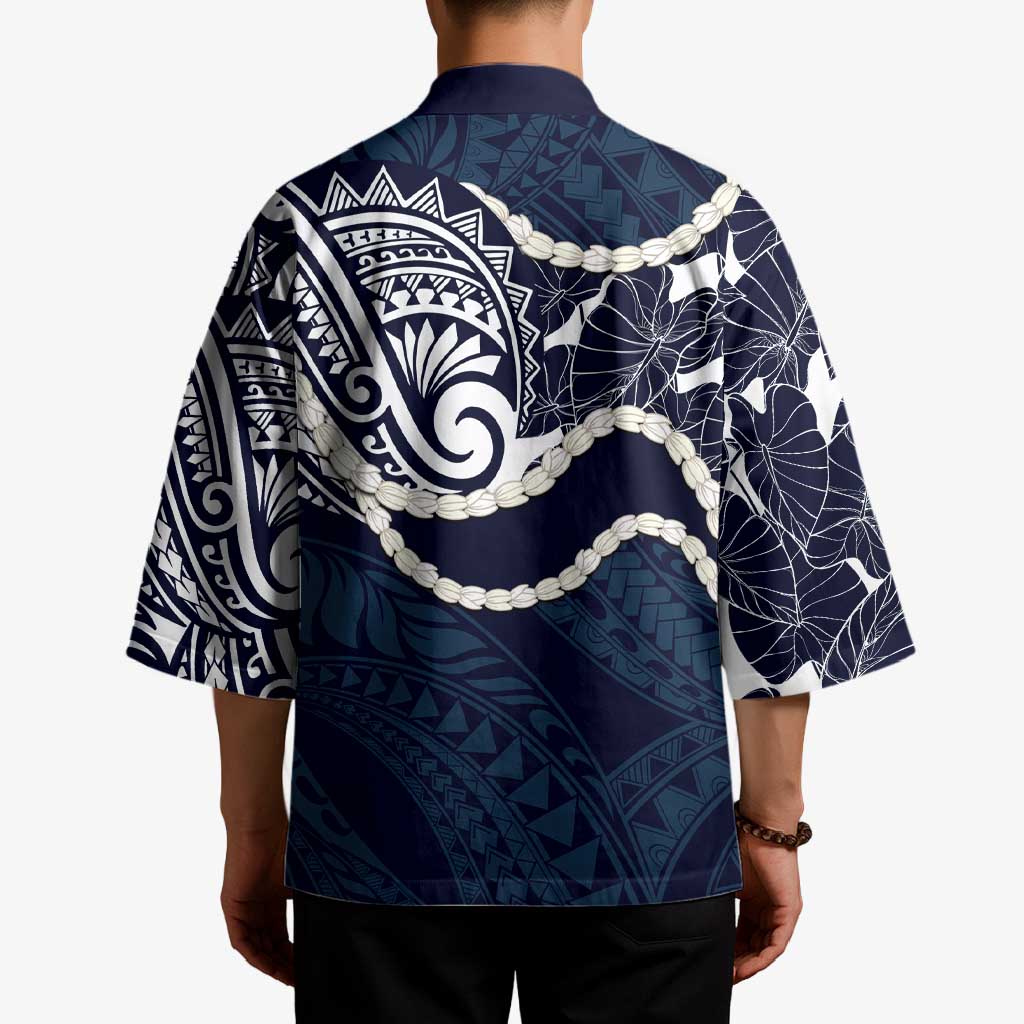 Aloha Hawaii Kalo Pikake Lei Kimono Chest Tattoo Oxford Blue Hawaiian Pattern LT14 - Polynesian Pride