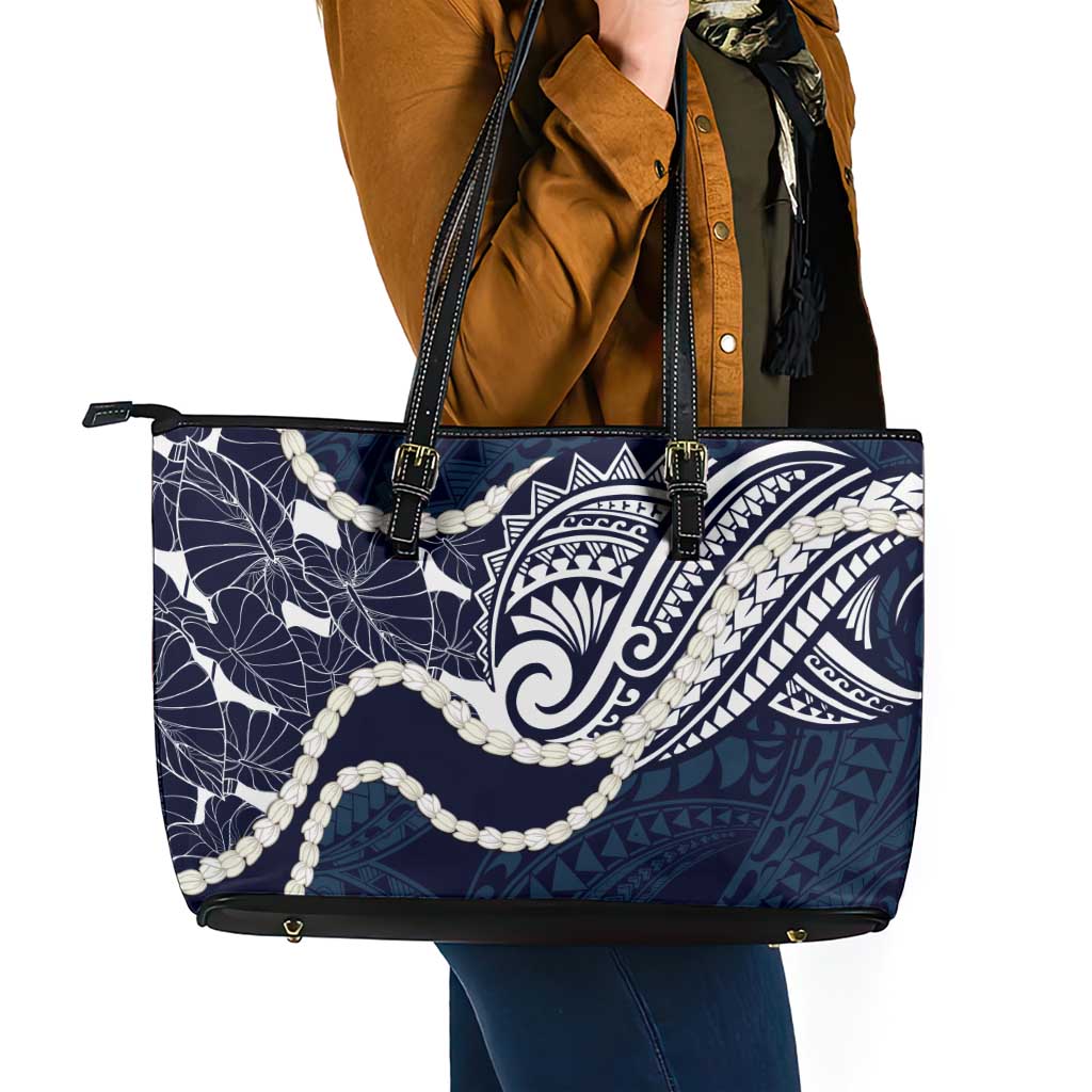 Aloha Hawaii Kalo Pikake Lei Leather Tote Bag Chest Tattoo Oxford Blue Hawaiian Pattern