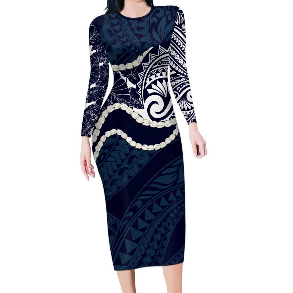 Aloha Hawaii Kalo Pikake Lei Long Sleeve Bodycon Dress Chest Tattoo Oxford Blue Hawaiian Pattern